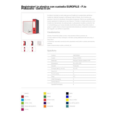 Registratore con custodia Esselte G55 Eurofile protocollo dorso 8 cm cartone rivestito in PP rosso vivida - 390755920